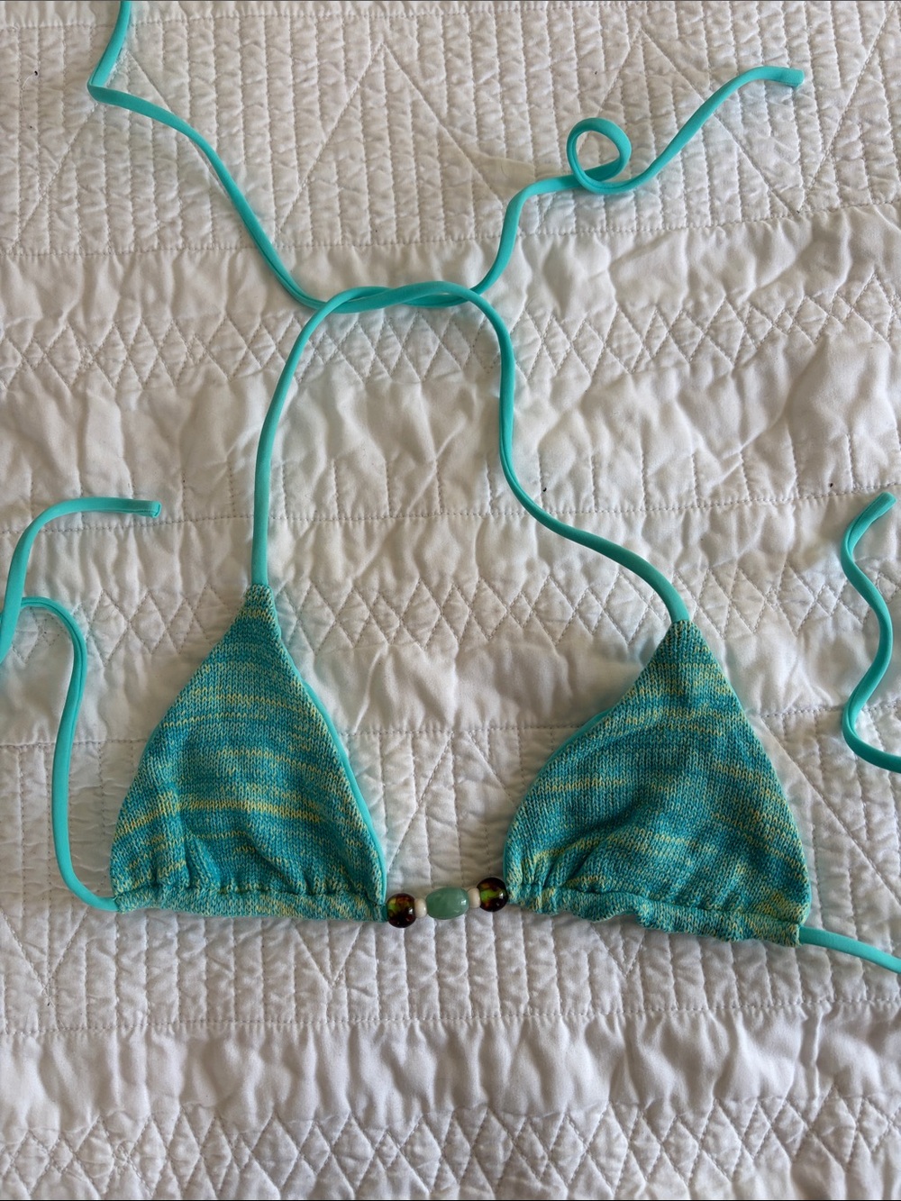 Turquoise Knit Triangle Bikini Top with Bead Accents
